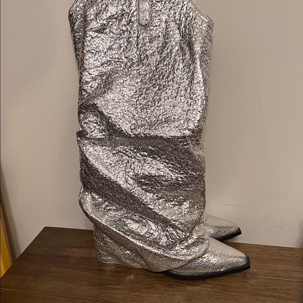 Shiny Silver Textured Boots